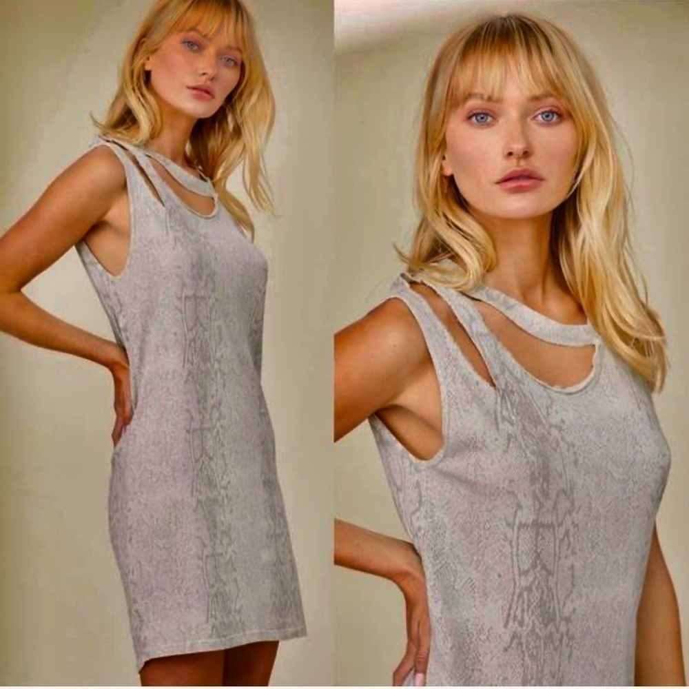 LNA Double Cut Snake Print Shirt Tank Mini Dress in Cream Gray Women’s M